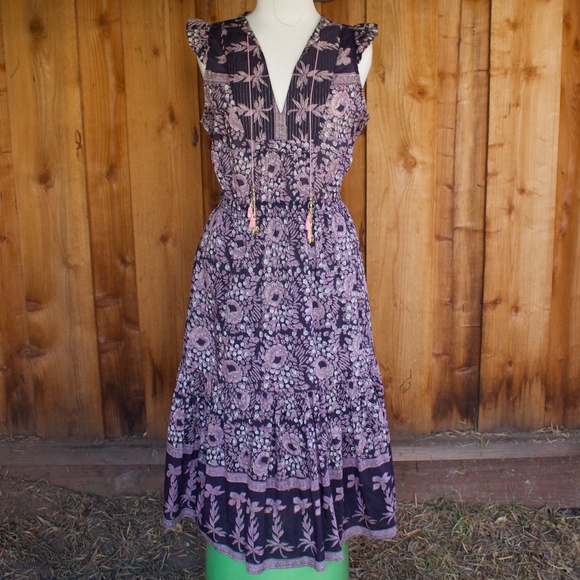 Alicia Bell Cotton & Silk Violet/Blue Peasant Boho Sleeveless Floral Midi Dress - Picture 1 of 16